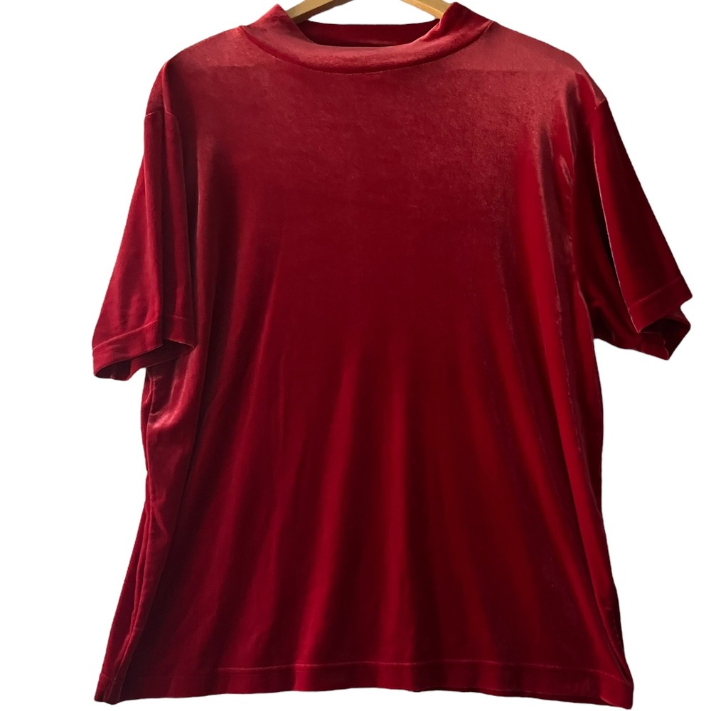 Woman Chrysantheme Velvet Top Womens 1X Short Sleeve‎ Mock Neck Red Blouse